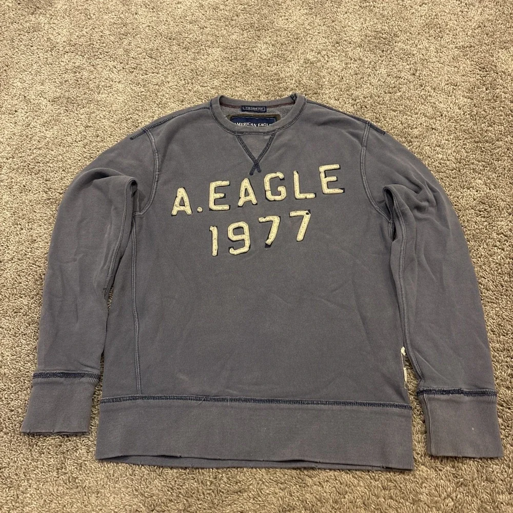 American Eagle Sweatshirt Mens Blue Vintage Fit Crewneck Eagle Fleece 1977 Small